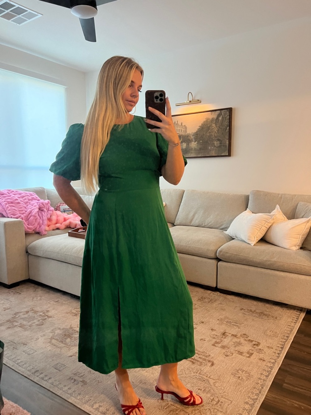 Warehouse Green Midi Dress with Puff Sleeves